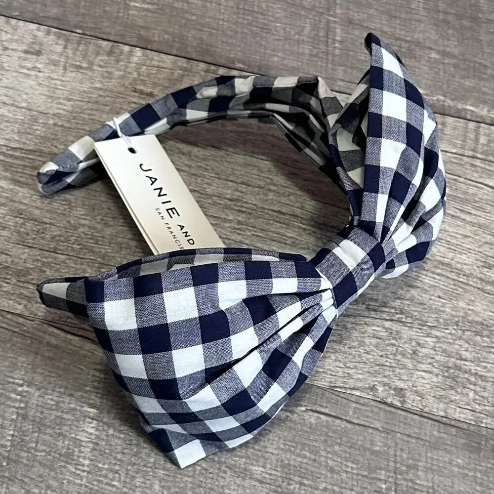 Janie and Jack NEW Set (2) Headbands Navy White Large Bow Gingham & Striped
